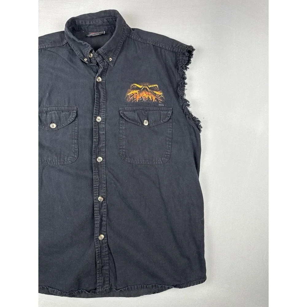 Y2K Bikers Edge Sleeveless Button Up Shirt Skulls Skeleton Motorcycle Flames L